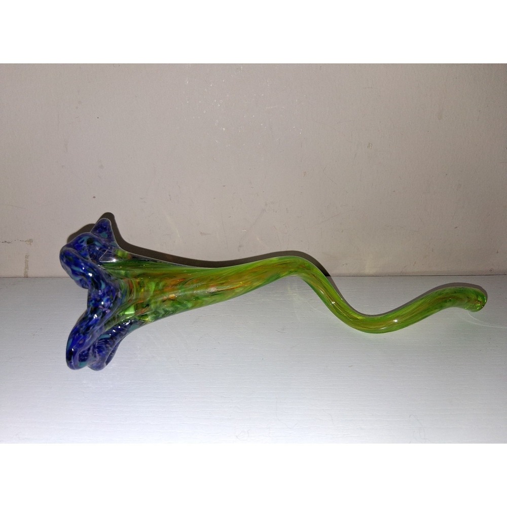 Art Glass Flower Sculpture 9.5" Hand Blown Style Blue Green Orange Calla Lily